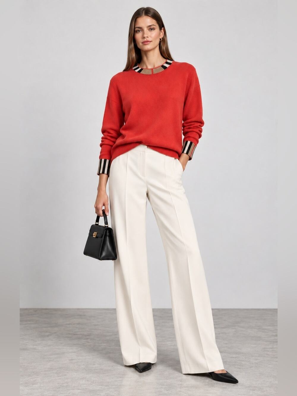 Burberry cashmere blend Red Crew Neck Sweater with Striped Accents NWT M